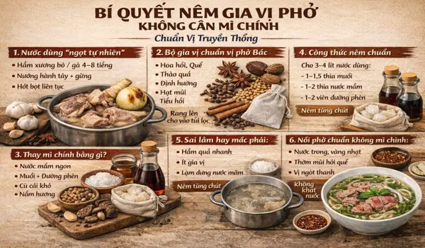 Bí quyết nêm gia vị phở không cần mì chính đang trở thành xu hướng được nhiều người quan tâm để bảo vệ sức khỏe và giữ trọn hương vị tinh tế của món ăn. Phở không chỉ là món ăn mà còn là tinh hoa ẩm thực Việt, đòi hỏi sự tỉ mỉ trong từng công đoạn chế biến.