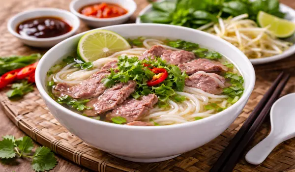 Phở bò không dùng mì chính với nước dùng thanh ngọt tự nhiên từ xương, kết hợp thịt bò tươi và rau thơm, mang đến hương vị truyền thống chuẩn Việt, tốt cho sức khỏe.