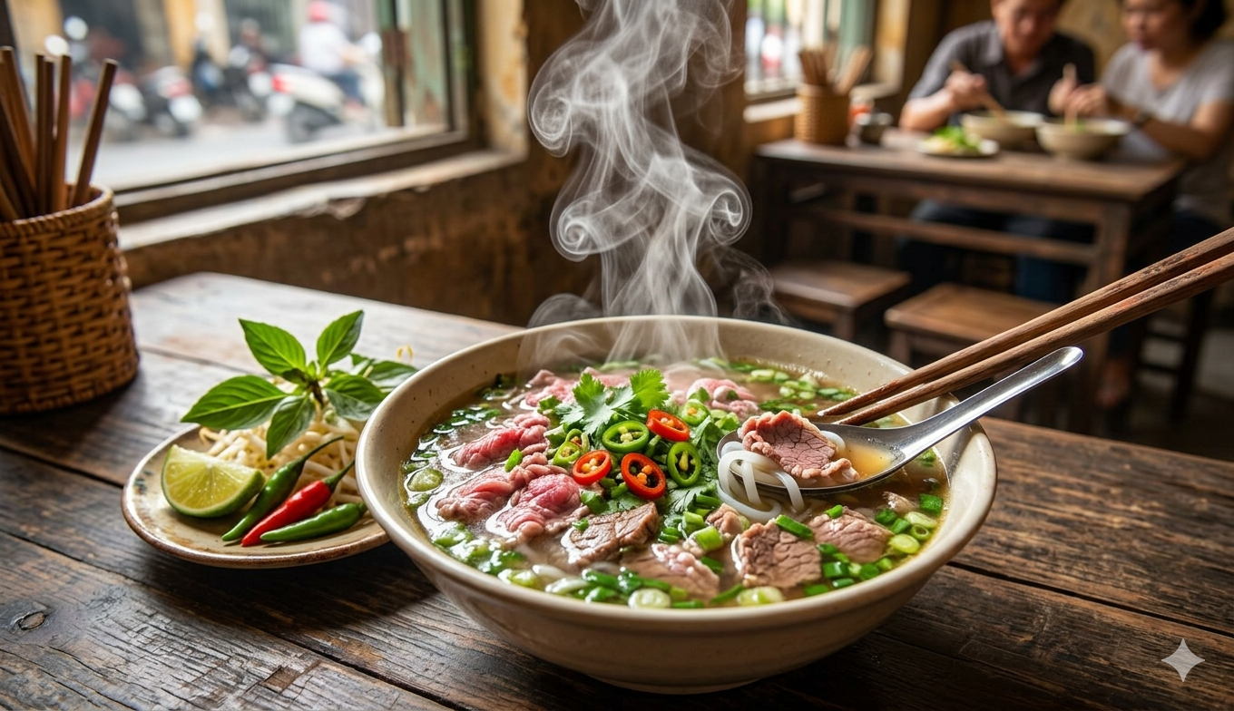 Ảnh tô phở bò bốc khói nghi ngút ngon mắt khi thực hiện đầy đủ các nguyên tắc vàng khi nấu phở
