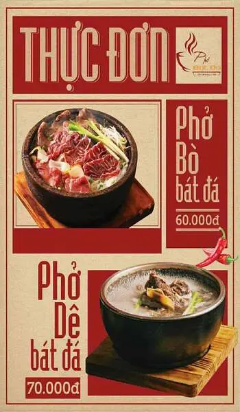 Menu các món ăn về phở bát đá tại 172 Phạm Tứ Đà Nẵng