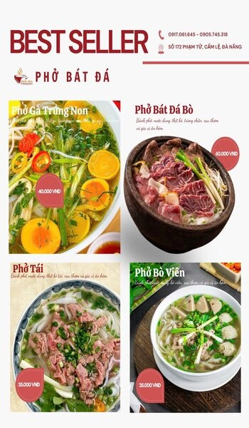 Menu các món phở bát đá và phở bò bán chạy nhất tại cửa hàng