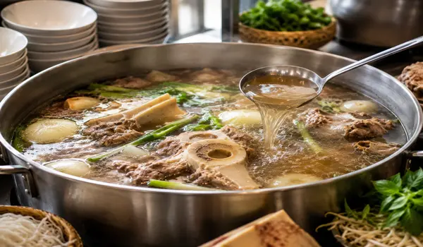 Một tô phở ngon không thể thiếu phần nước dùng đậm đà. Nước phở truyền thống thường được ninh từ xương bò trong nhiều giờ để tạo độ ngọt tự nhiên. Bên cạnh đó là sự kết hợp của quế, hồi, thảo quả, gừng nướng và các loại gia vị đặc trưng giúp hương vị thêm thơm và hấp dẫn.