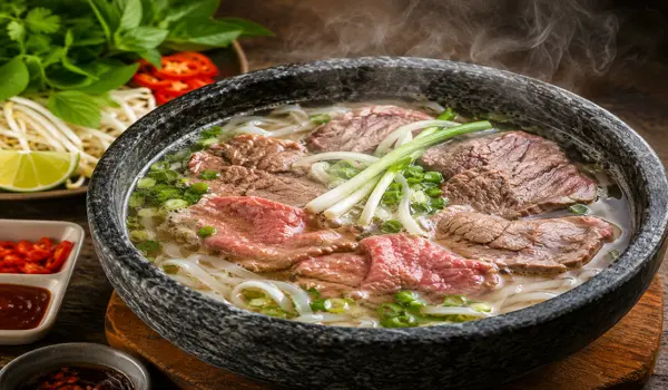Phần nước dùng được đun sôi trong bát đá giữ nhiệt cao, khi chan vào tô sẽ làm chín thịt bò ngay tại chỗ. Chính điều này giúp thịt giữ được độ mềm và vị ngọt tự nhiên.