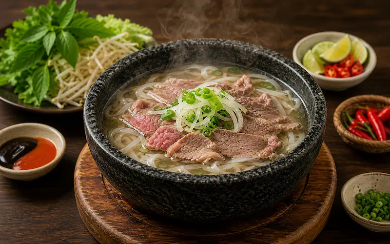 Thố phở bát đá nóng hổi bốc khói lưu giữ trọn vẹn hương vị của phở