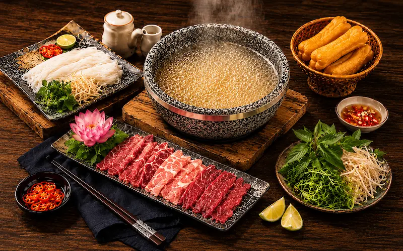 Thành phần nguyên liệu trong thố phở bát đá thơm ngon giúp giữ trọn giá trị dinh dưỡng và hương vị của phở bò bắc